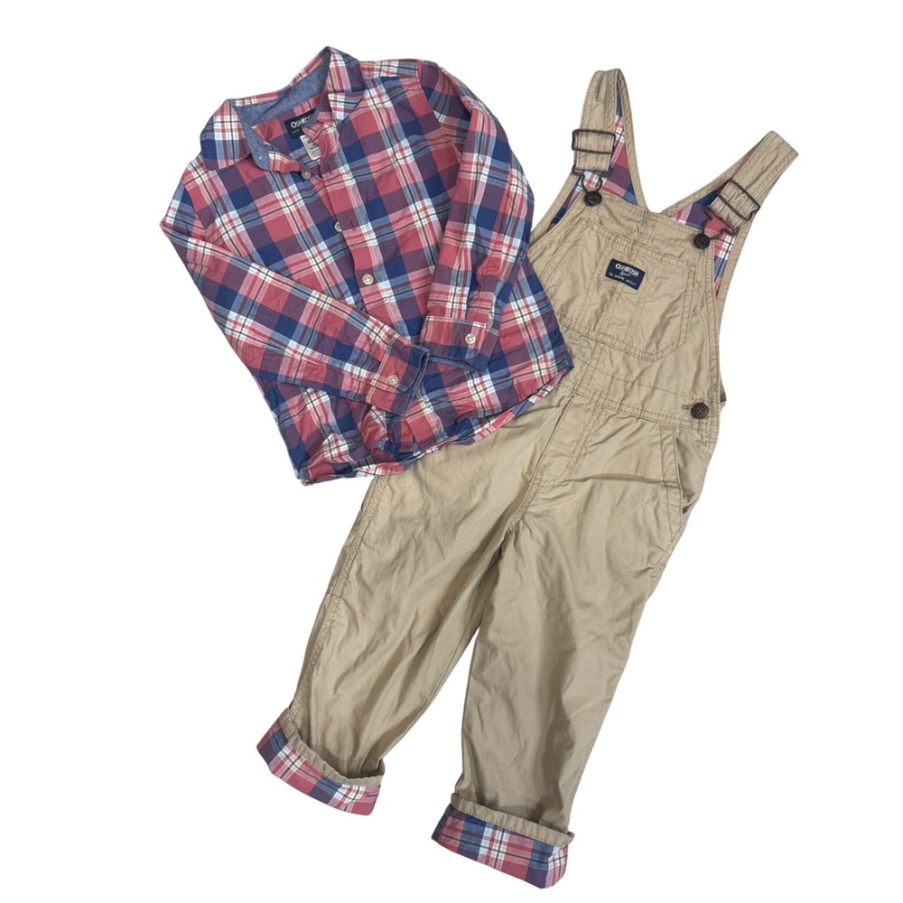 OshKosh Bgosh Toddler Boys 4T Plaid Shirt and Khaki Overalls 2 Piece Set